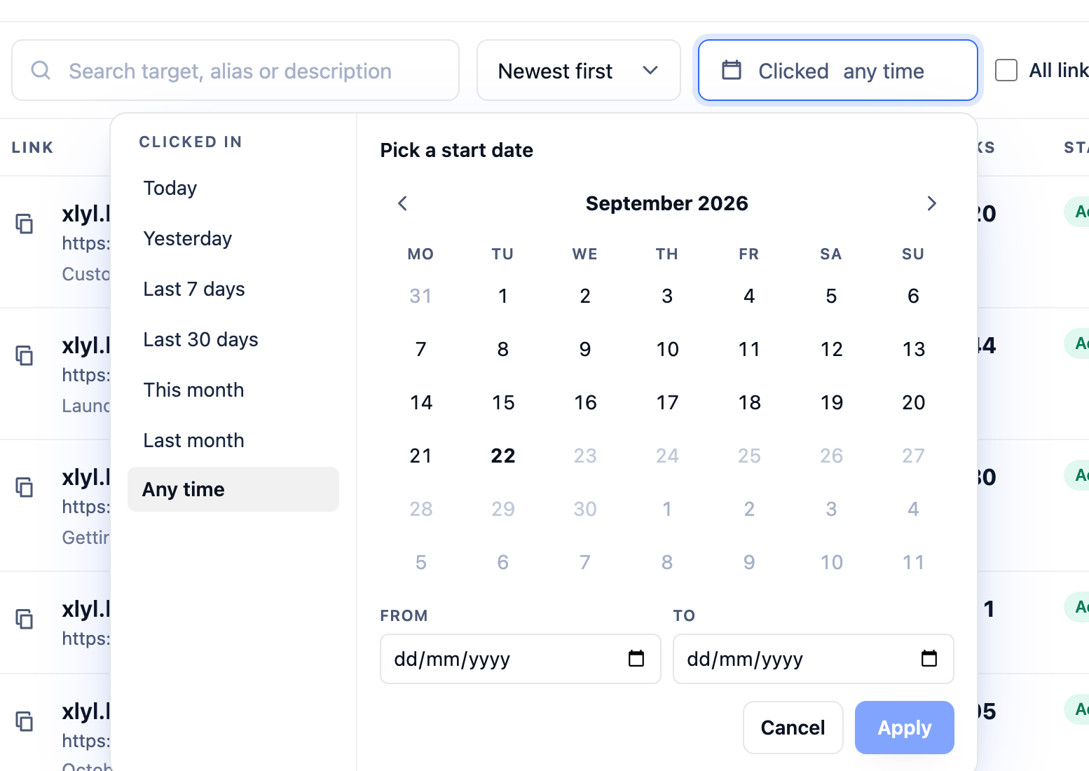 The date filter open: quick picks on the left, a calendar with a prompt on the right