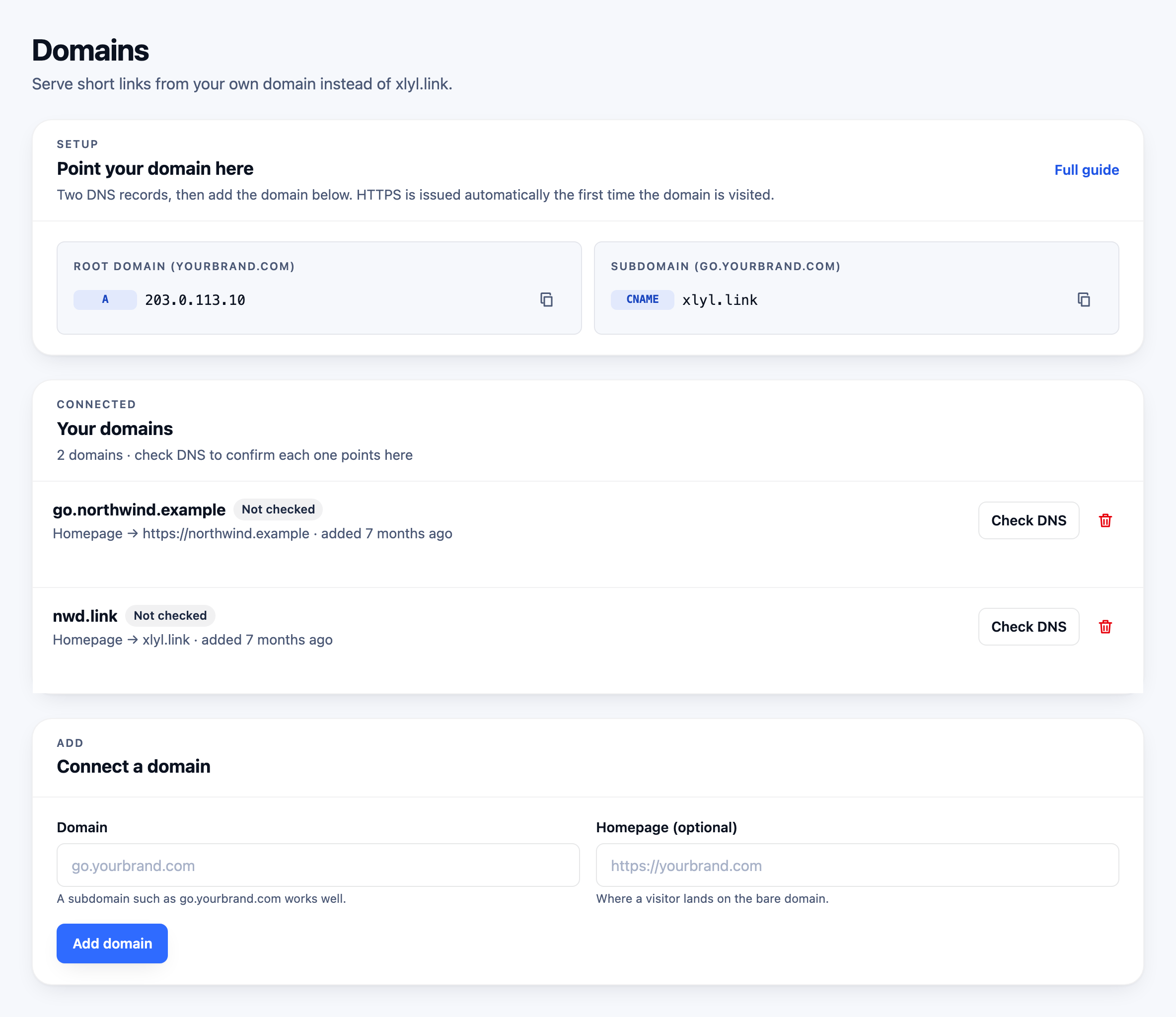 The domains page: the DNS records to set, connected domains with Check DNS buttons, and the form to add another